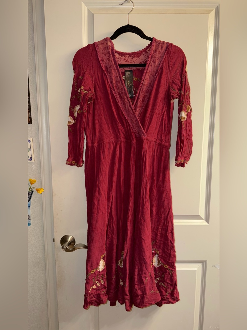 Free People New Romantics Red Embroidered V-Neck Dress